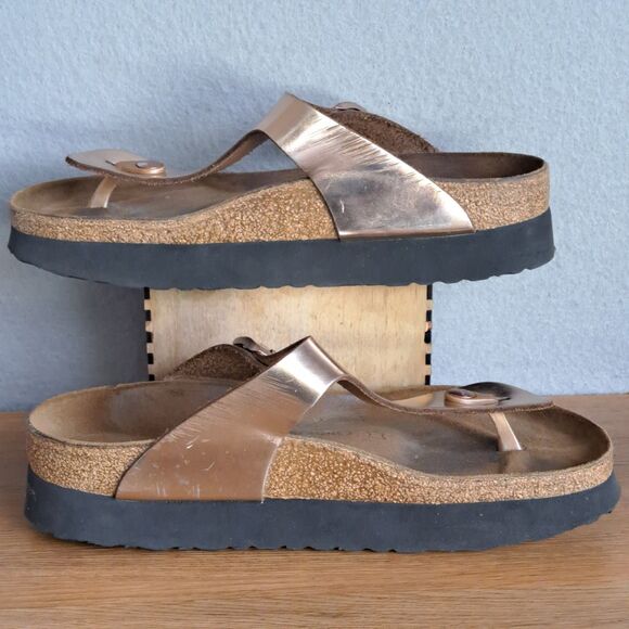 Birkenstock Papillio Gizeh Women 40 9 Silver Metallic Copper Platform Sandals - Picture 6 of 12
